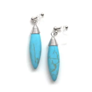 Blue turquoise bar invisible clip on earrings