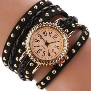 Bohemian Leather Wrap Bracelet Watch in Black