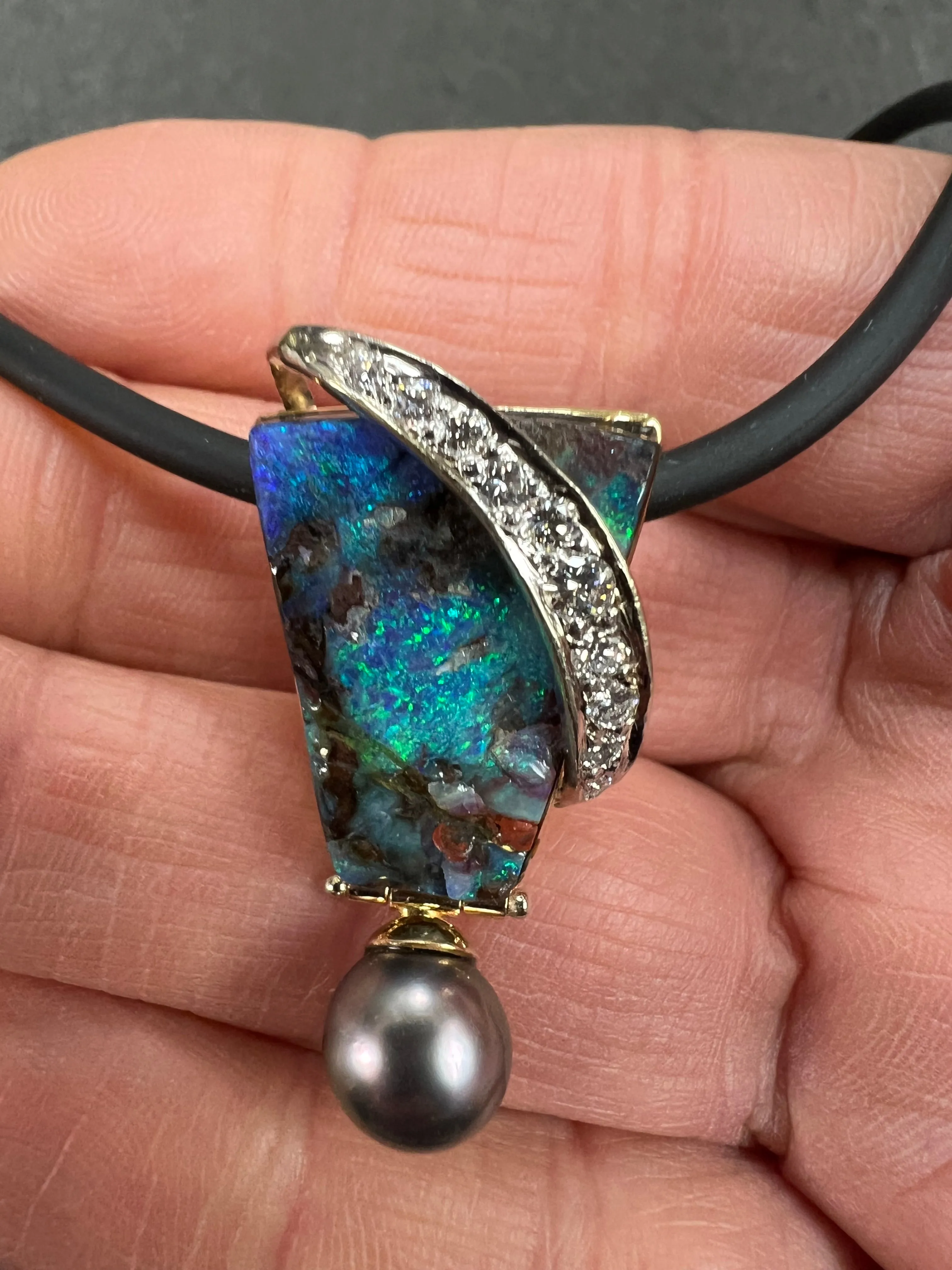 Boulder Black Opal Diamond Two Tone Gold Slide Pendant