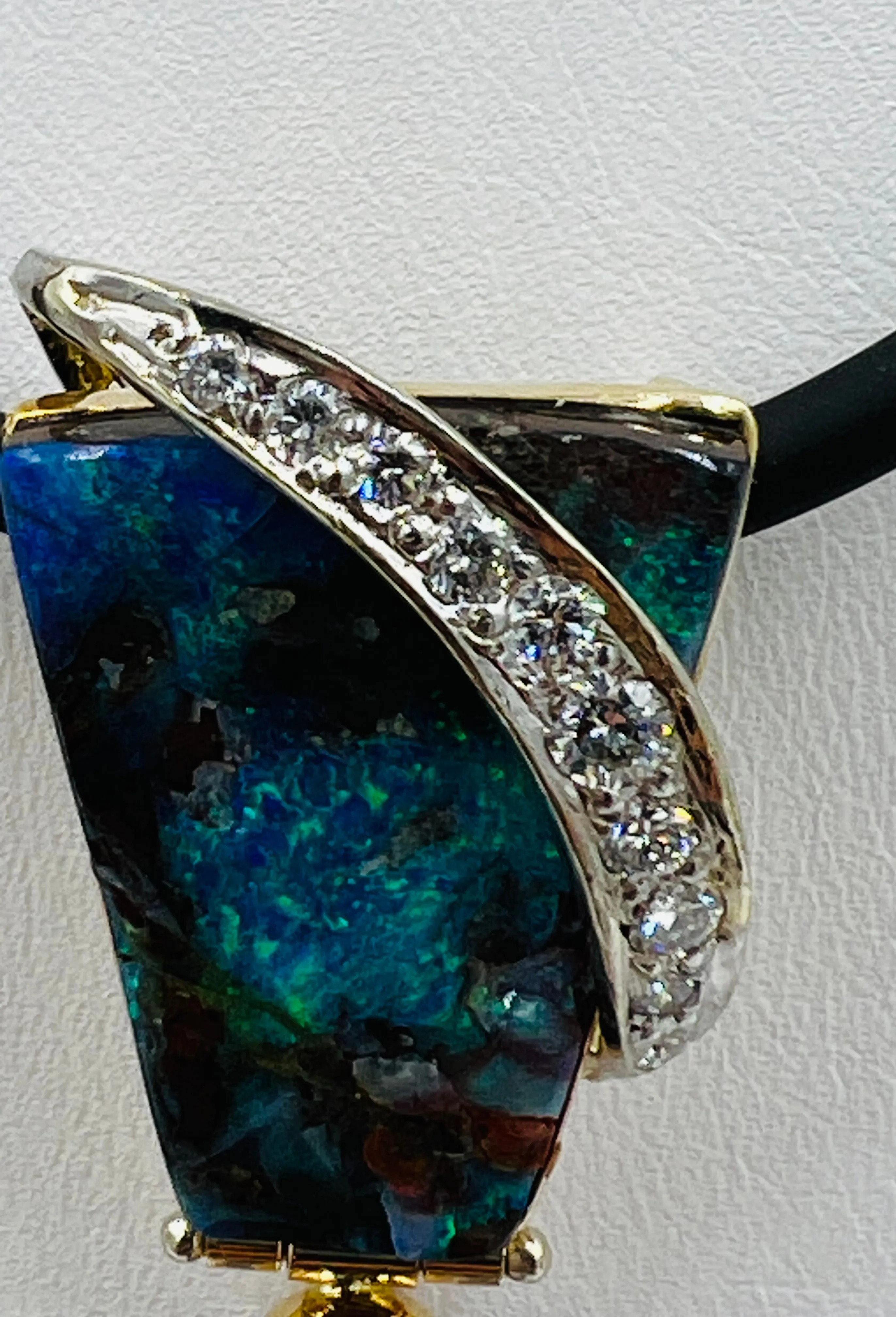 Boulder Black Opal Diamond Two Tone Gold Slide Pendant