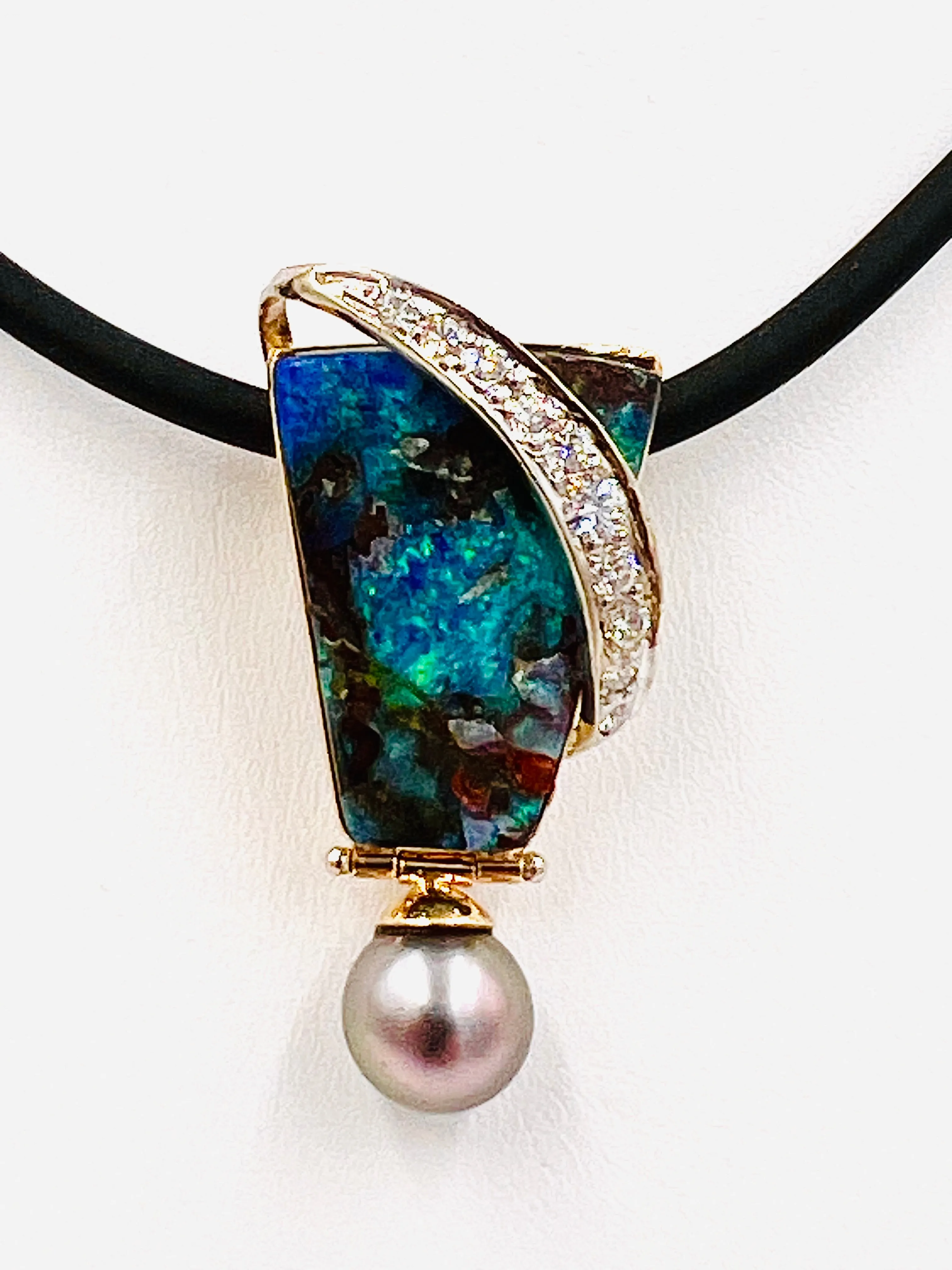 Boulder Black Opal Diamond Two Tone Gold Slide Pendant