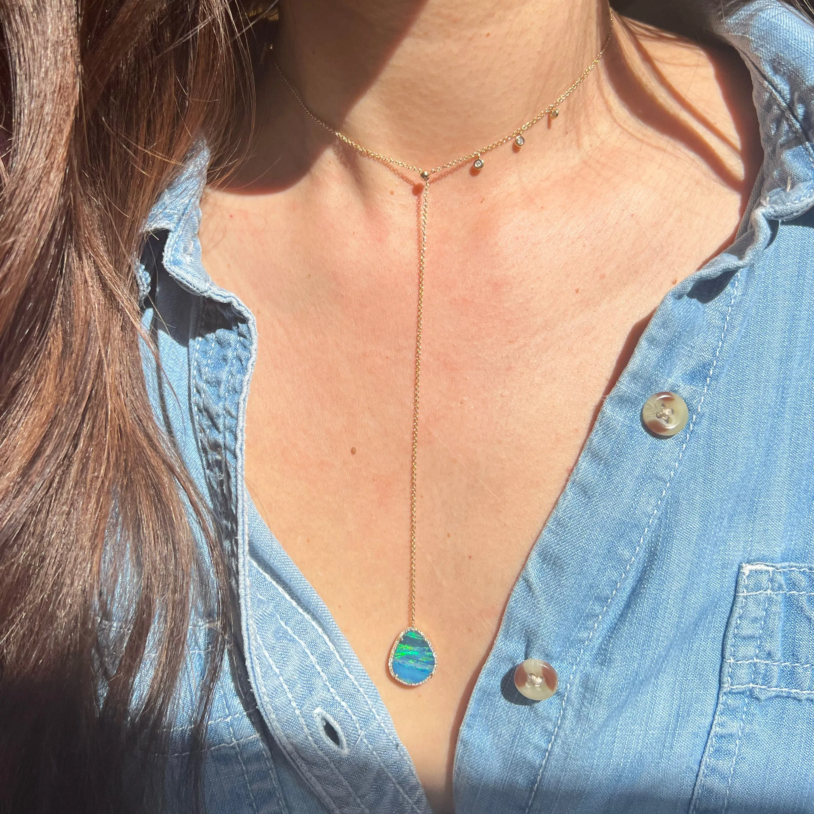 Boulder Opal Double Slider Lariat With Diamonds - Green