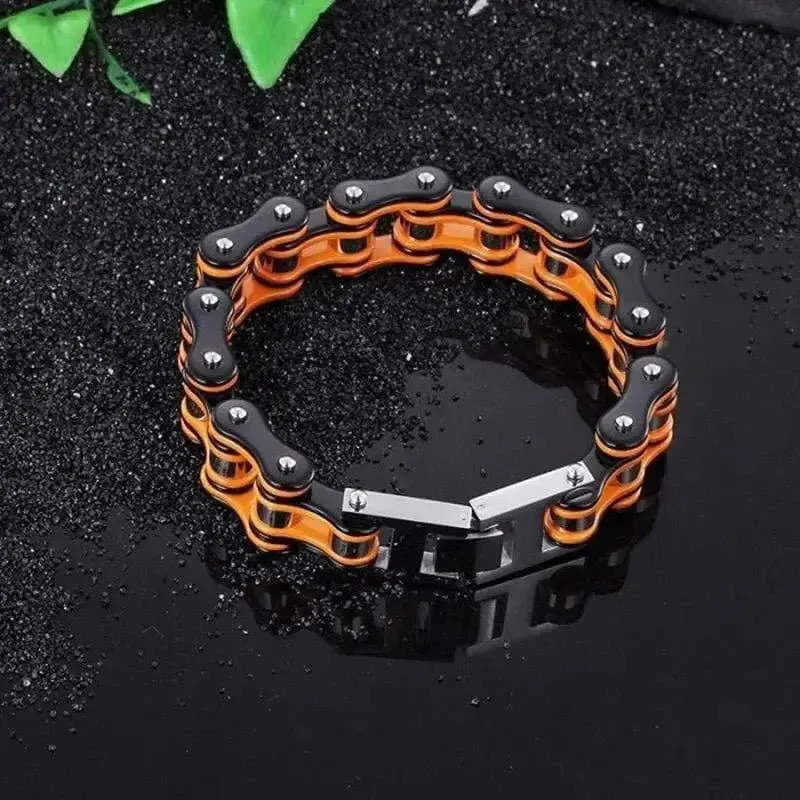 BRACELET CHAINE DE MOTO ORANGE ET NOIR