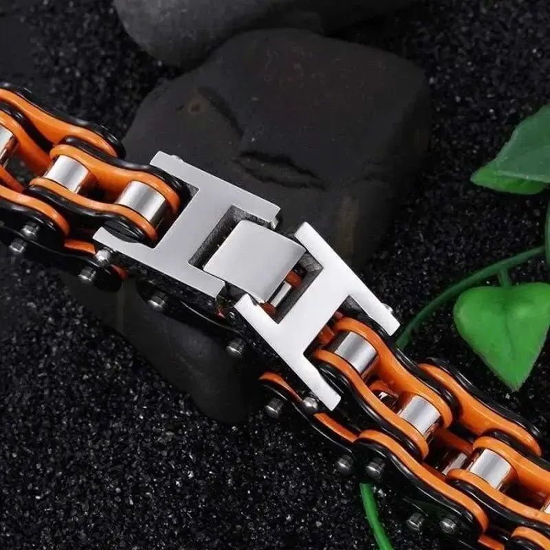 BRACELET CHAINE DE MOTO ORANGE ET NOIR