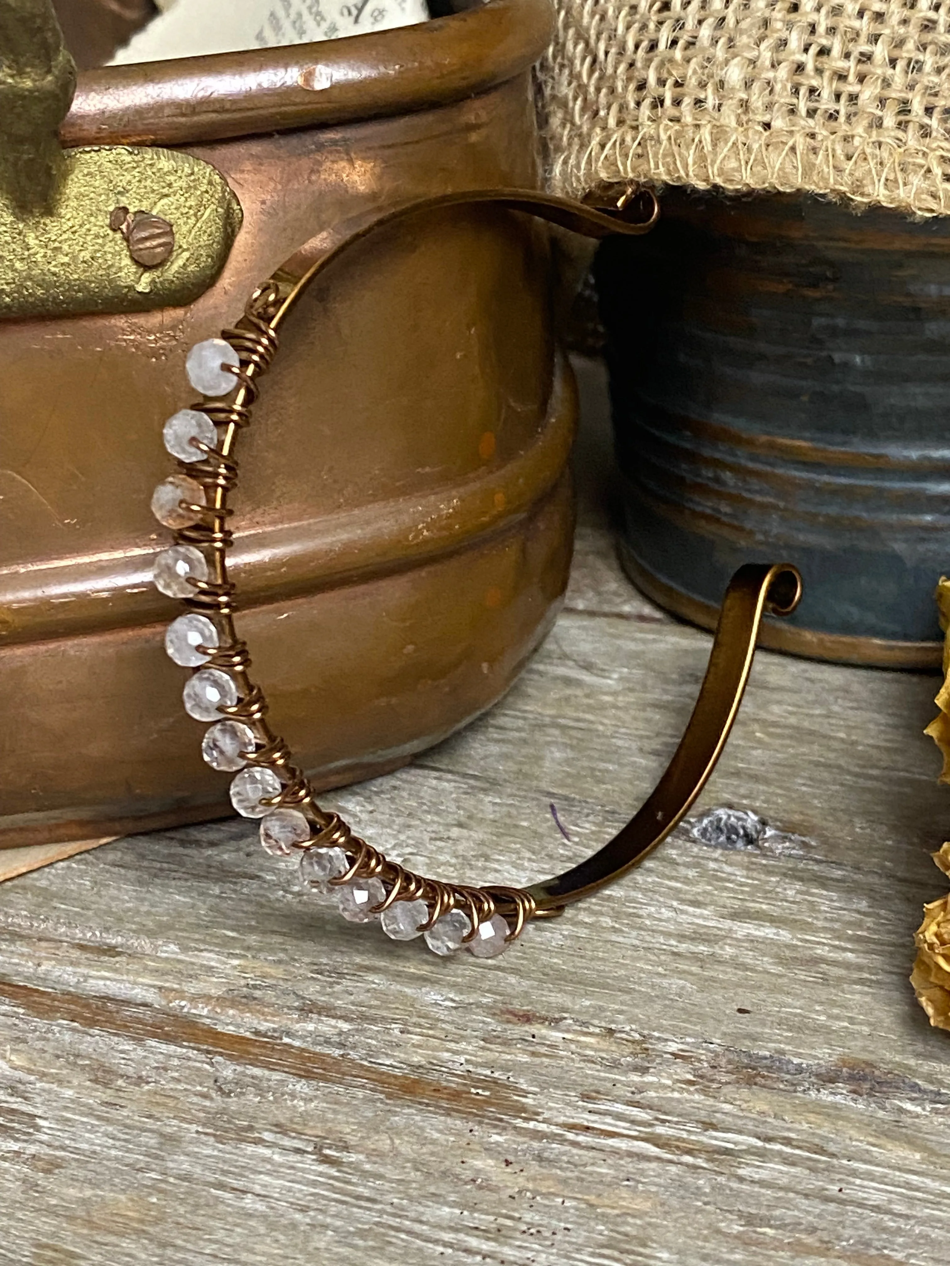 Bronze metal cuff, wire wrapped, stone, bracelet