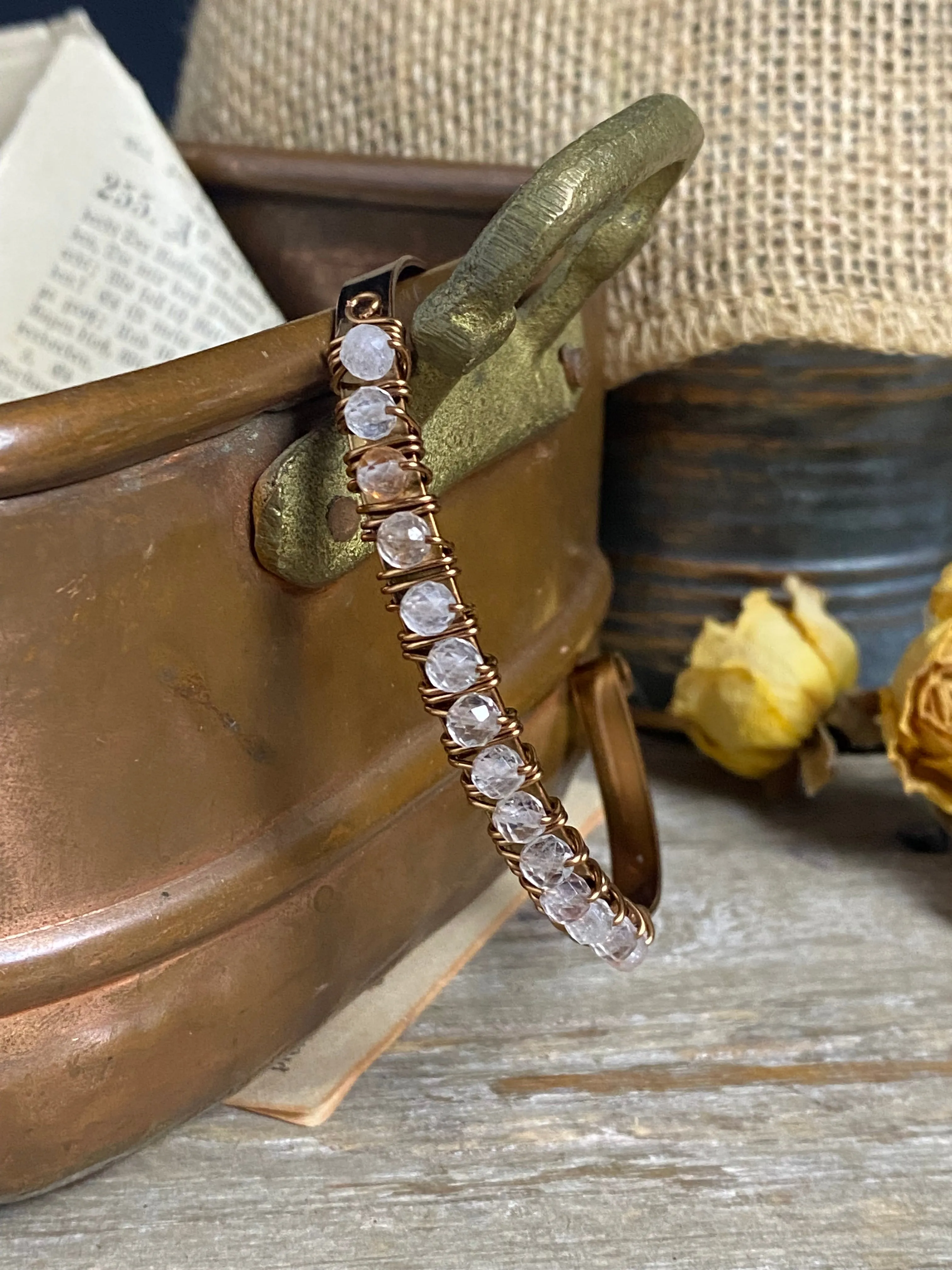 Bronze metal cuff, wire wrapped, stone, bracelet