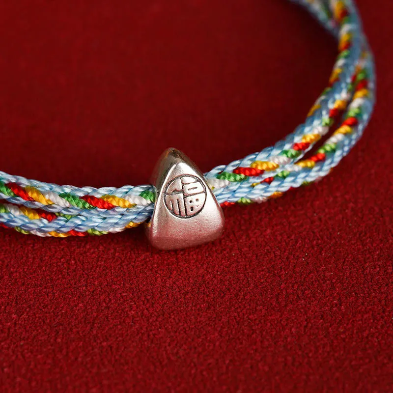 Buddha Stones 925 Sterling Silver Fu Character Luck Multicolored Rope Bracelet