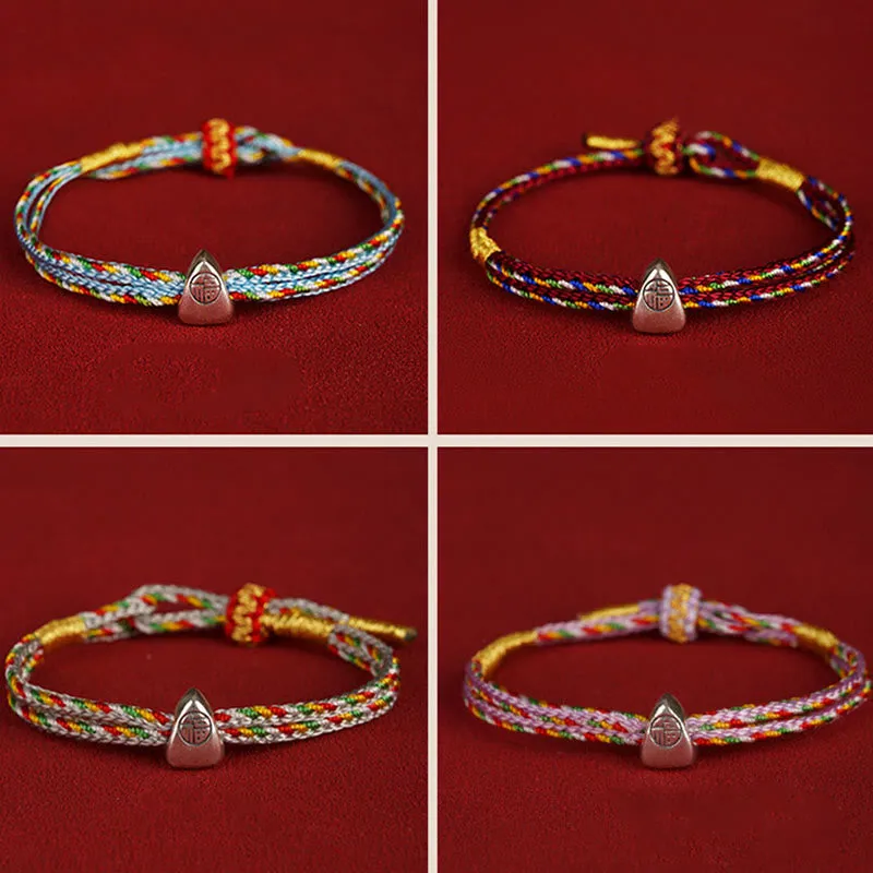 Buddha Stones 925 Sterling Silver Fu Character Luck Multicolored Rope Bracelet