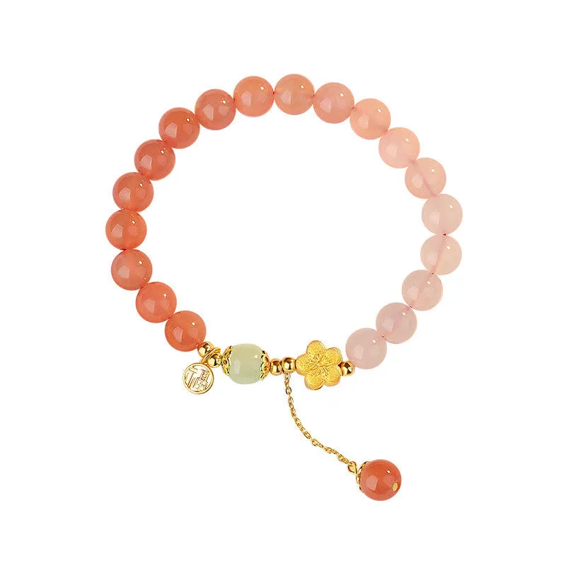 Buddha Stones 925 Sterling Silver Natural Gradient Agate Hetian Jade Fu Character Peach Blossom Flower Fortune Bracelet