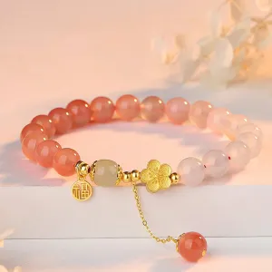 Buddha Stones 925 Sterling Silver Natural Gradient Agate Hetian Jade Fu Character Peach Blossom Flower Fortune Bracelet