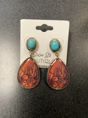 Cactus Tooled Leather & Stone Earrings