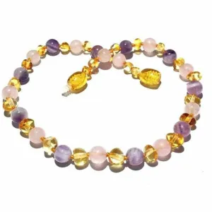 Childs Tara Honey Baltic Amber Amethyst Rose Quartz Gemstone Bead Necklace