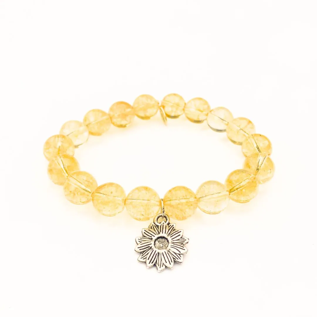 Citrine Crystal Bracelet | Silver Sunflower Charm