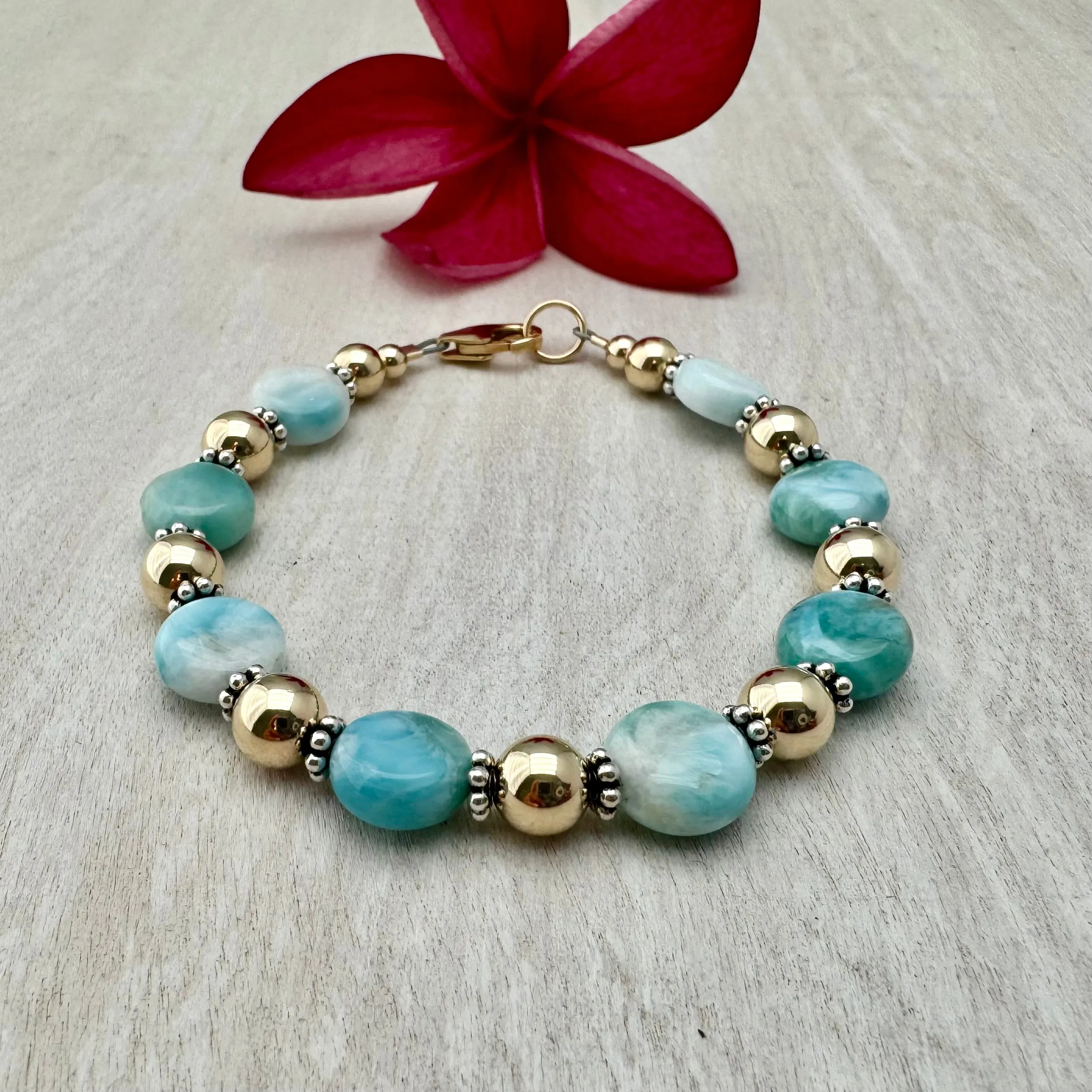 Coin Larimar Stone with 7mm Sterling Silver or 14k Gold-filled Bead Bracelet