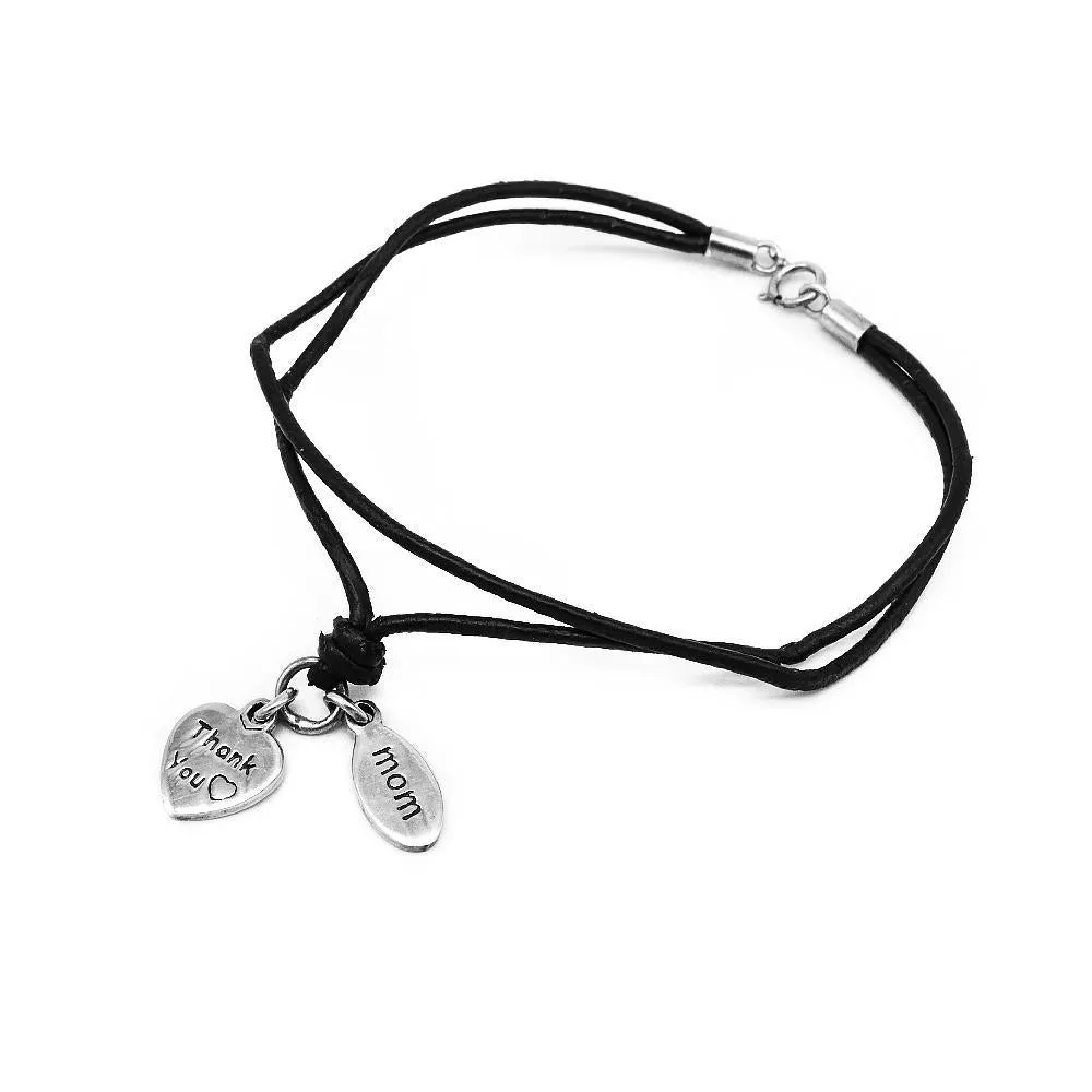 Conary "Thank You Mom" Engraved Heart & Oval 925 Sterling Silver on Leather Bracelet