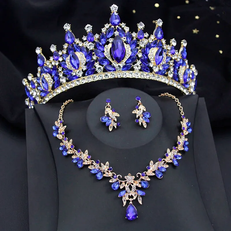 Crystal Bridal Jewelry Sets for Women Tiaras Necklace Earrings Sets