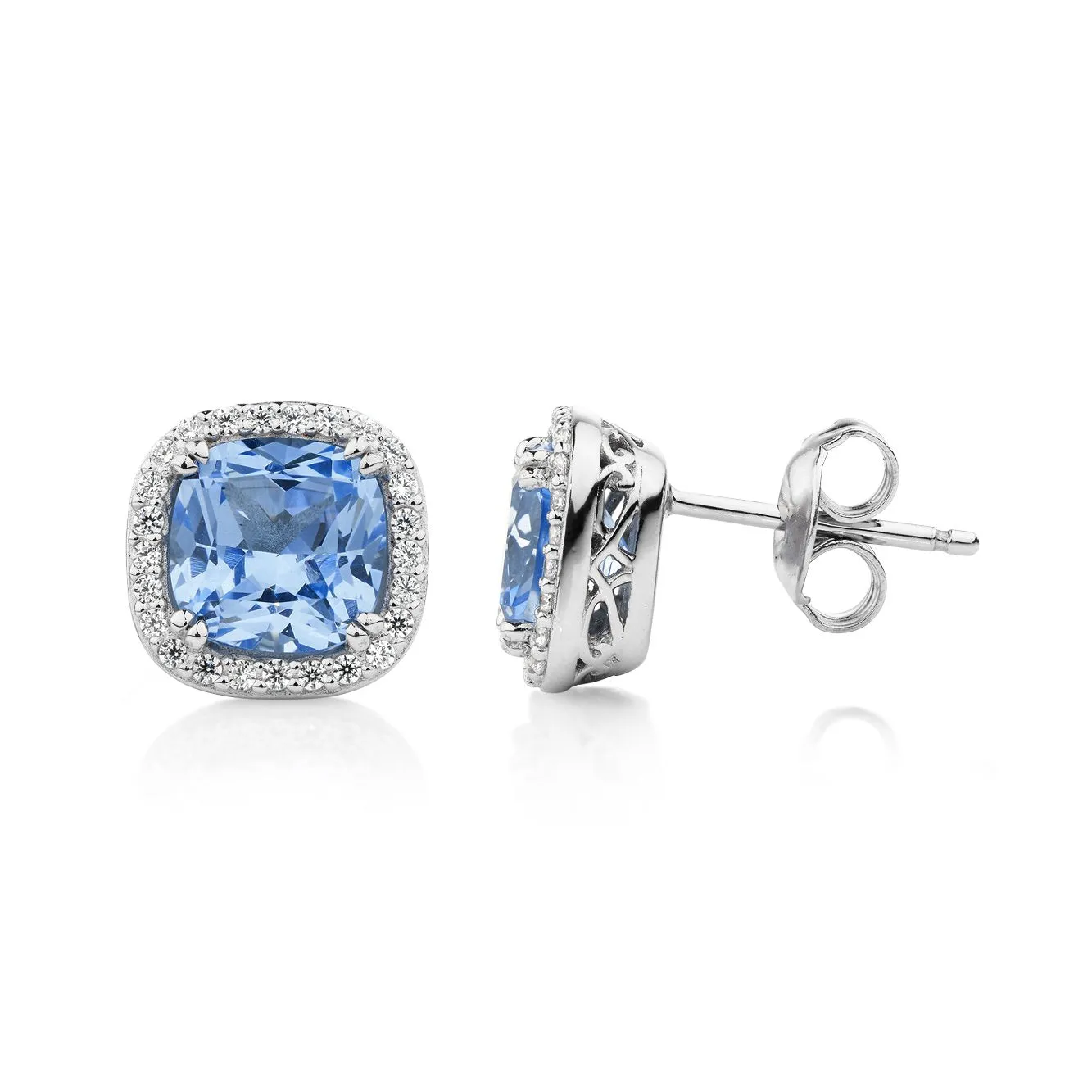 Cushion and Round Brilliant halo stud earrings with blue topaz simulants and 2.81 carats* of diamond simulants in sterling silver