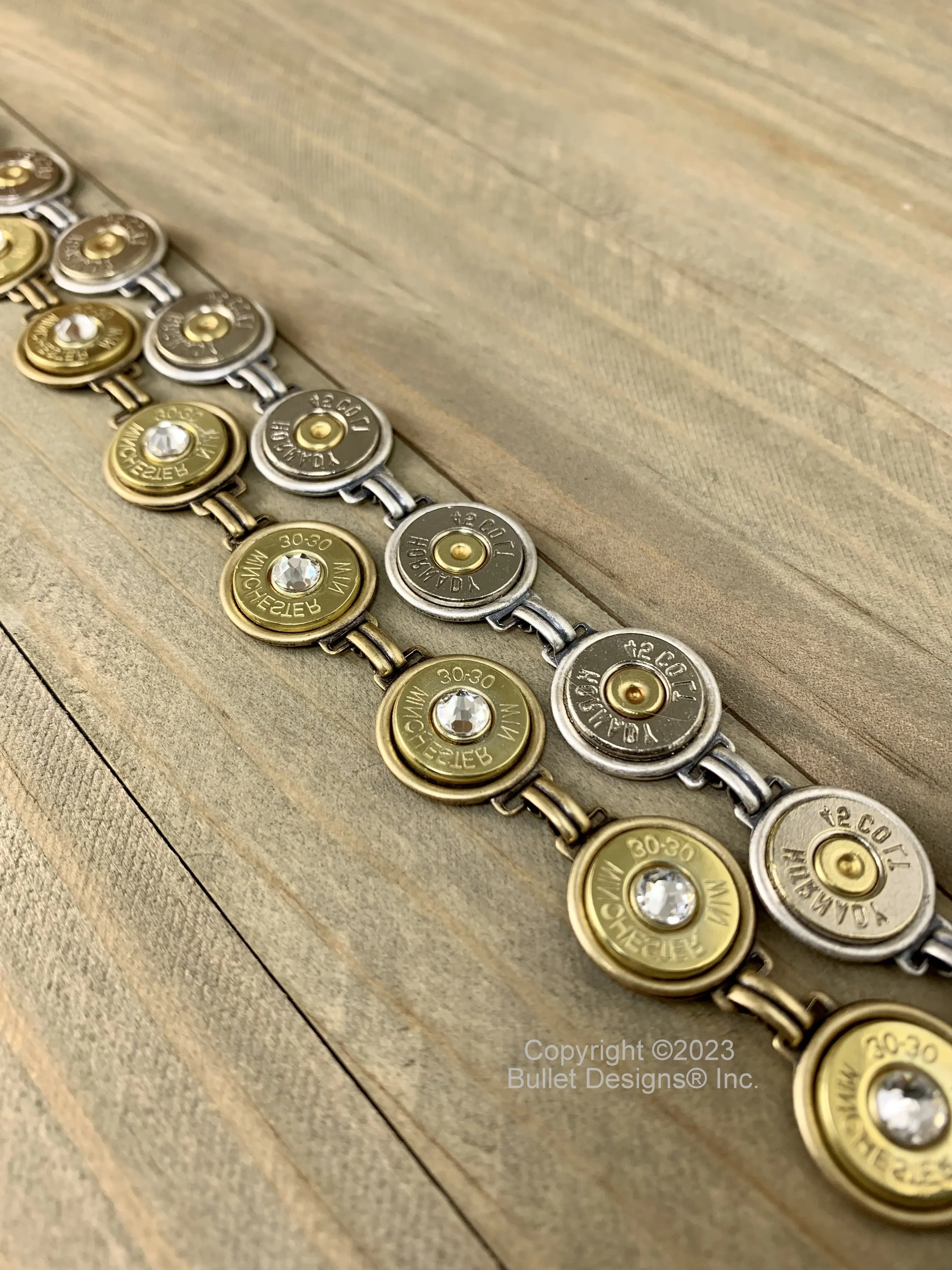 Custom Tennis Bracelet, 44 Mag, Colt 45, 30-30, Real Bullet Bracelet, Recycled, Swarovski Crystals, Silver or Bronze/Gold Tone