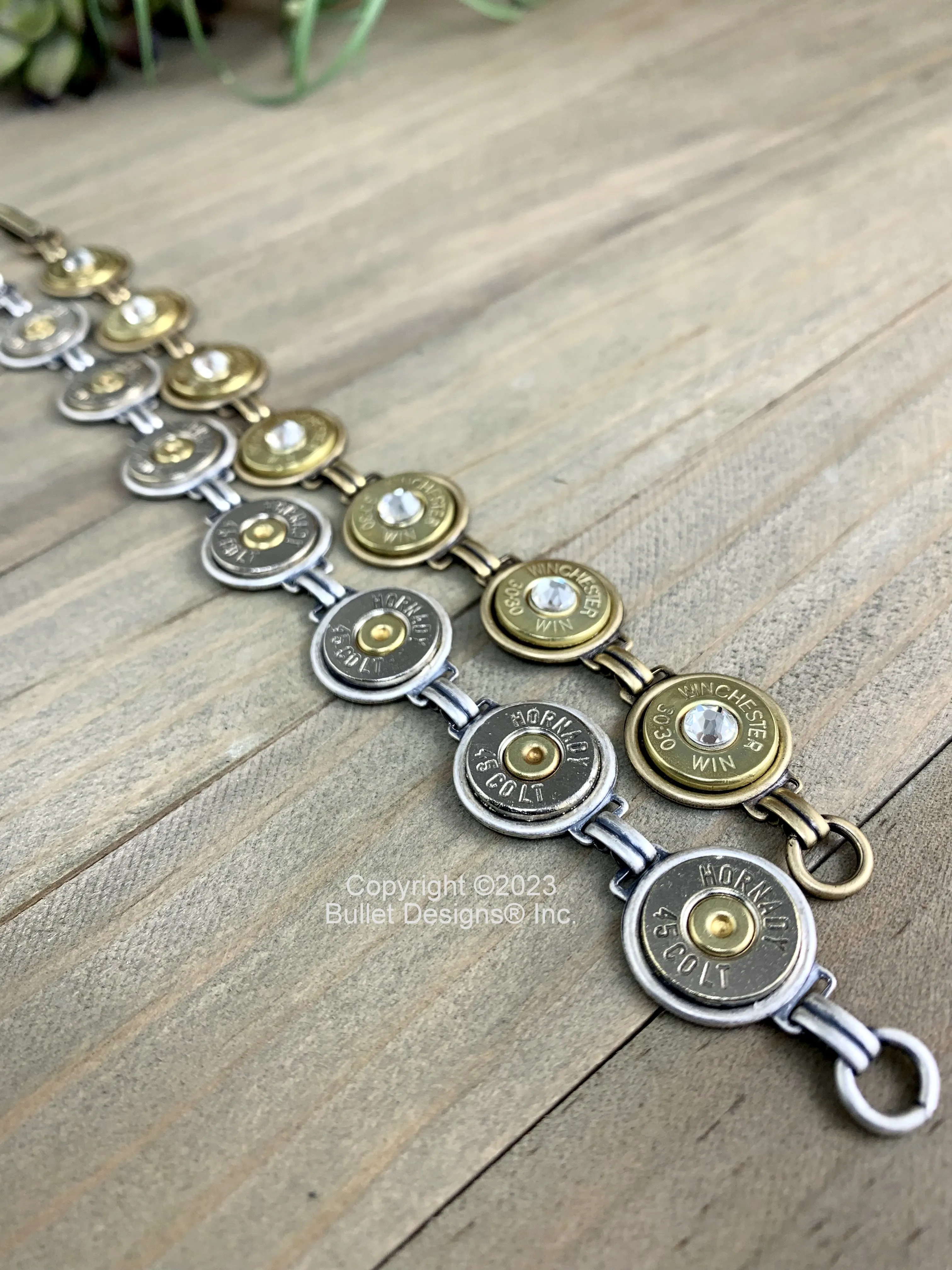 Custom Tennis Bracelet, 44 Mag, Colt 45, 30-30, Real Bullet Bracelet, Recycled, Swarovski Crystals, Silver or Bronze/Gold Tone