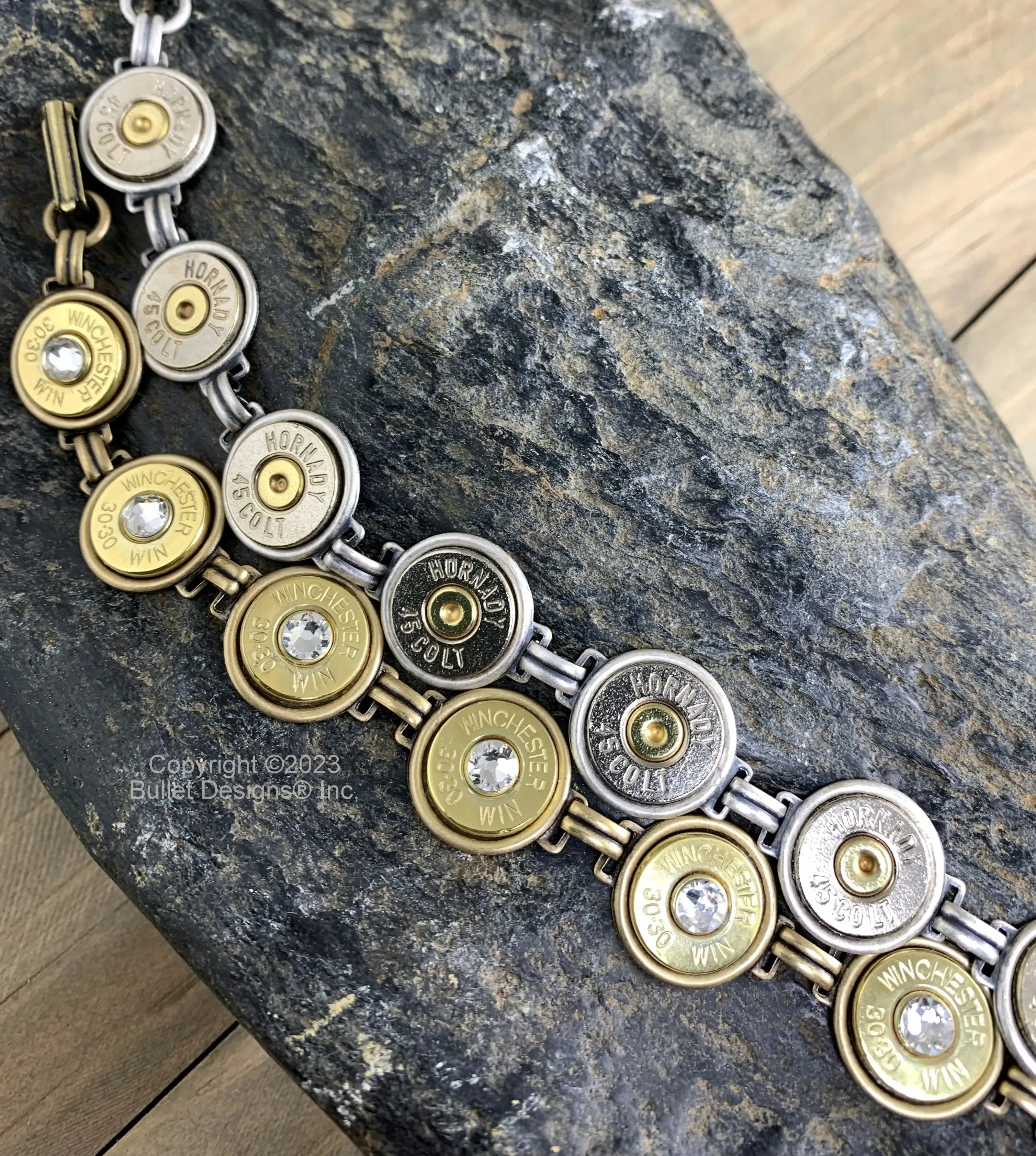 Custom Tennis Bracelet, 44 Mag, Colt 45, 30-30, Real Bullet Bracelet, Recycled, Swarovski Crystals, Silver or Bronze/Gold Tone