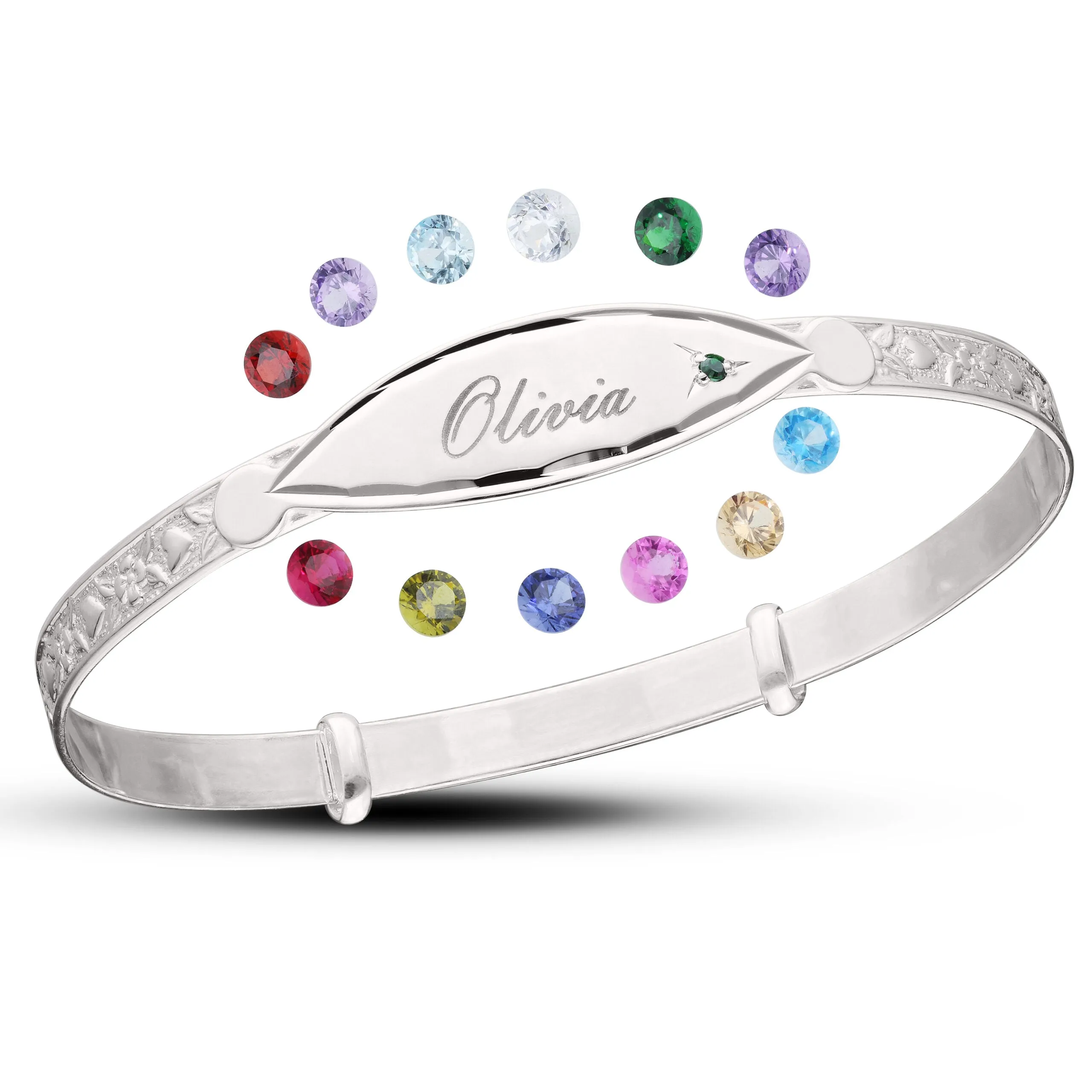 Customised Diamond Cut Birthstone Bangle for Kids in Silver or Gold plated (0–3 years)