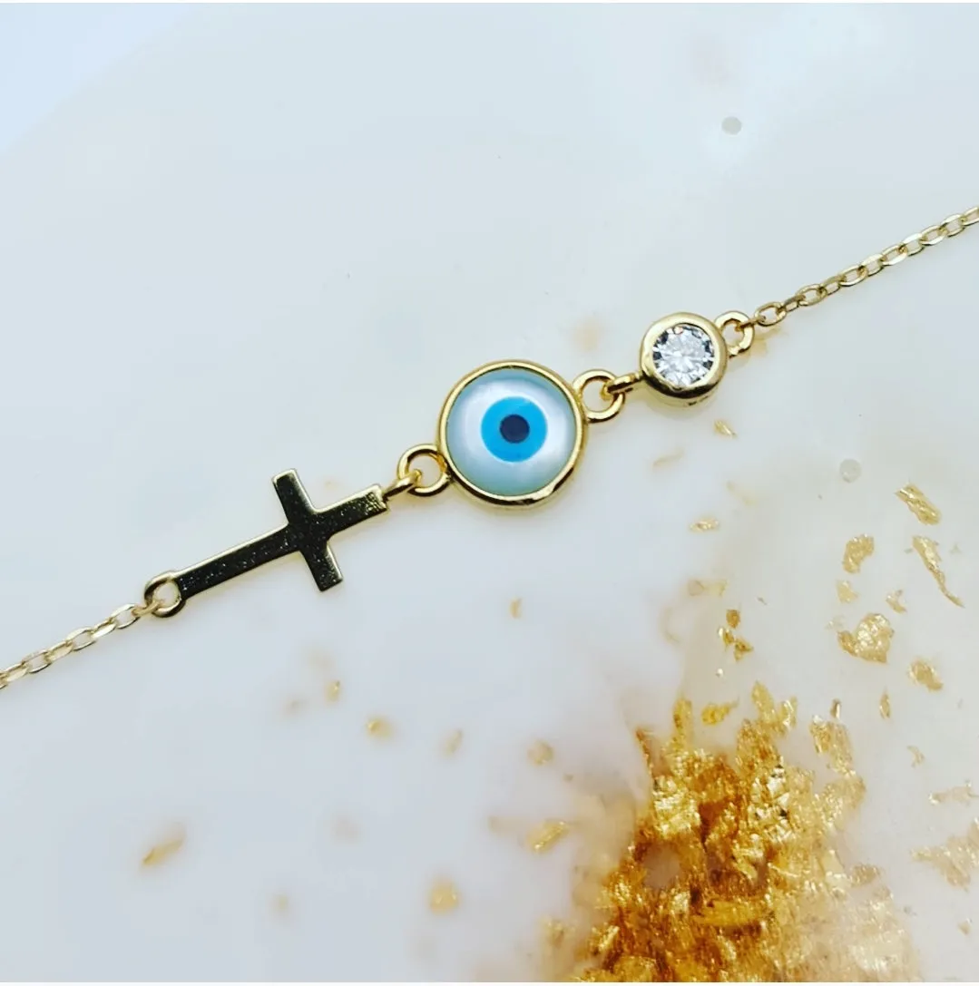 Dede mother of pearl evil eye and cross bracelet in gold