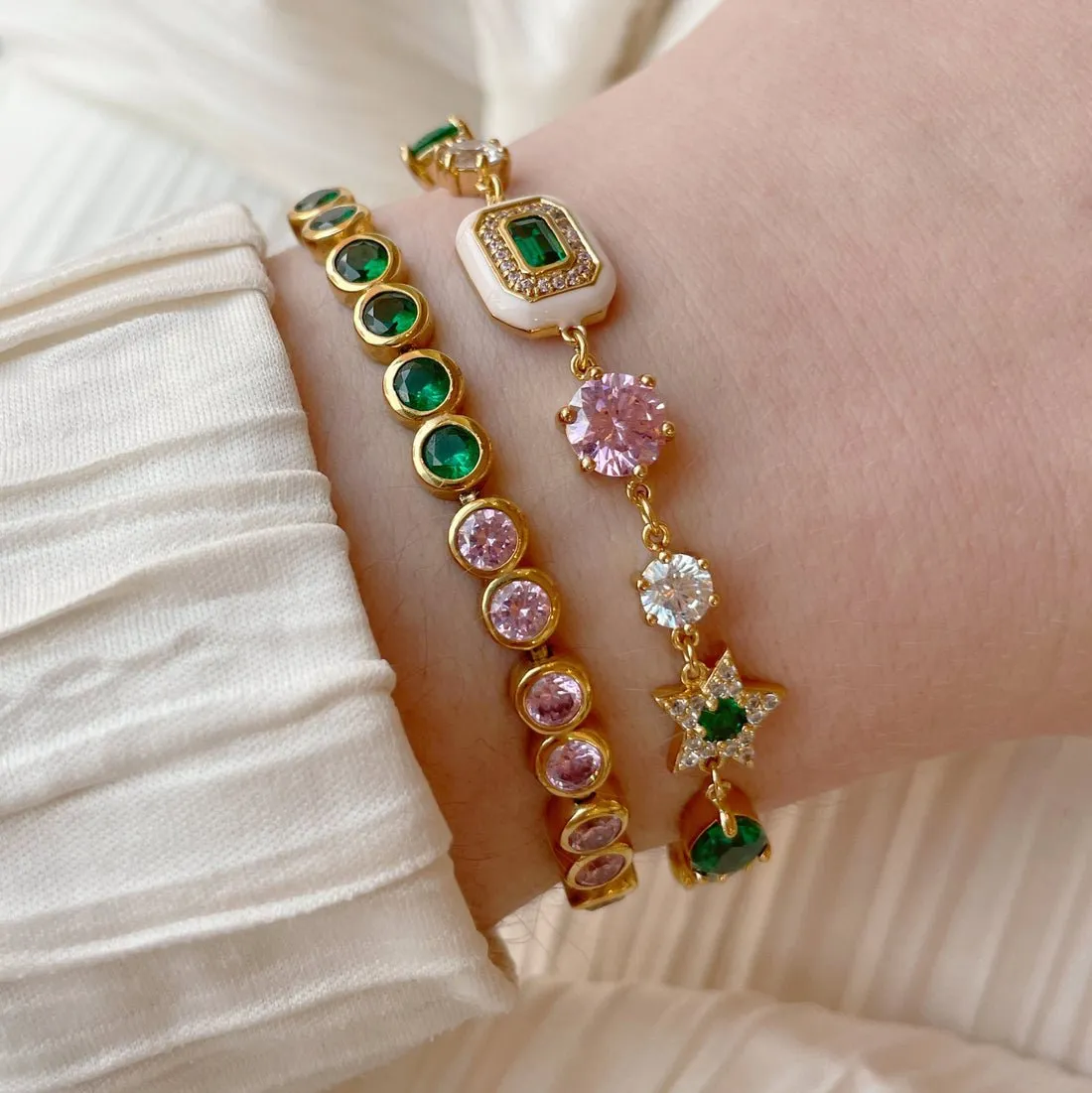 Dotty Tennis Bracelet Emerald, Rose Pink CZ and Gold