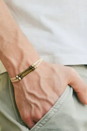 Double bronze bars bracelet for men, beige cord