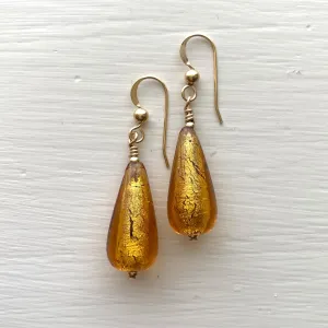 Earrings with gold topaz (amber, brown) Murano glass short pear drops on silver or gold