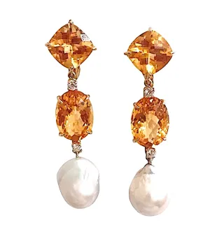 Elegant Three-Stone Drop Earring with Citrine and Baroque Pear and Diamonds