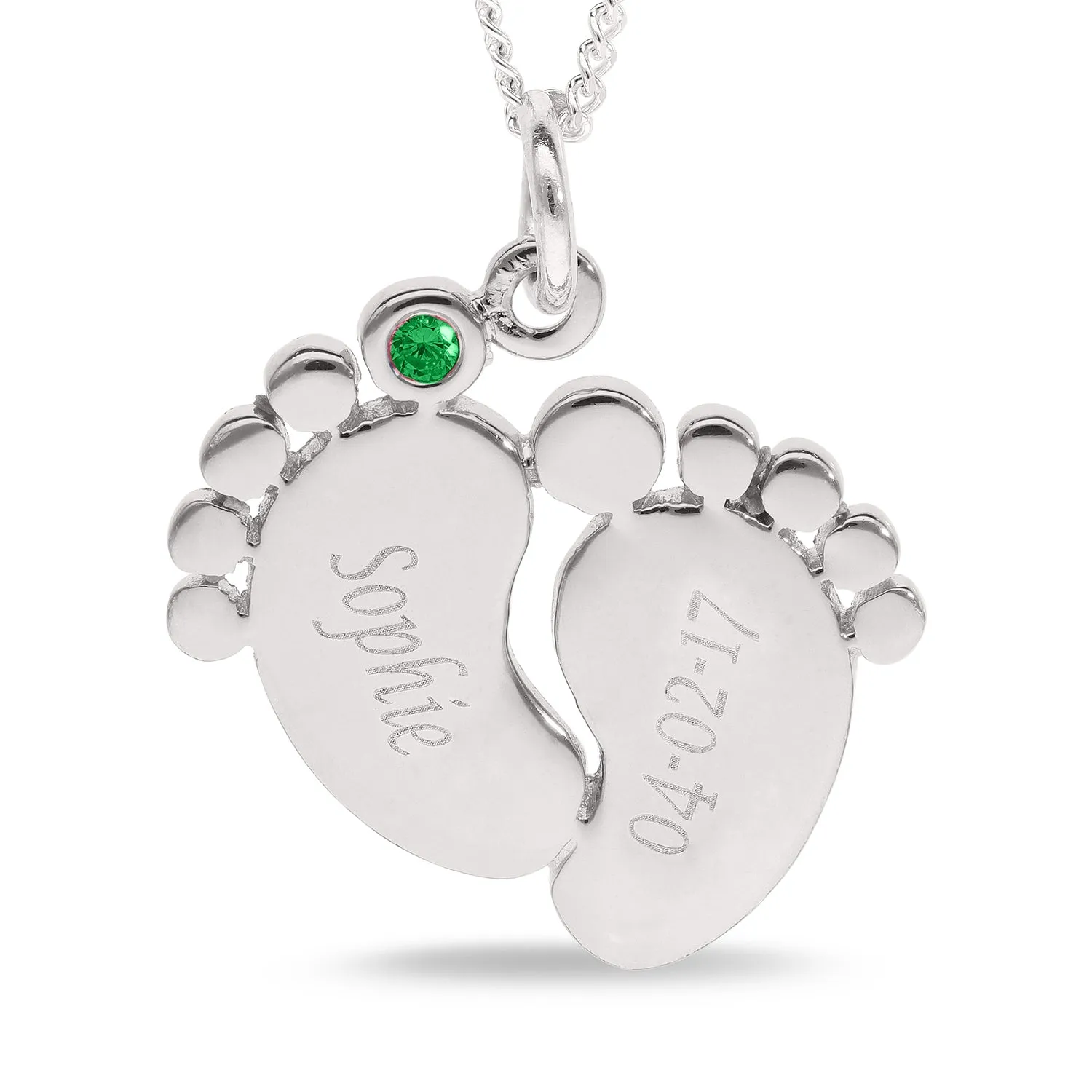 Engraved Baby Feet Bracelet with Personalised Birthstone in Silver