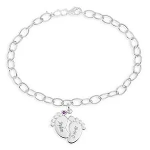 Engraved Baby Feet Bracelet with Personalised Birthstone in Silver