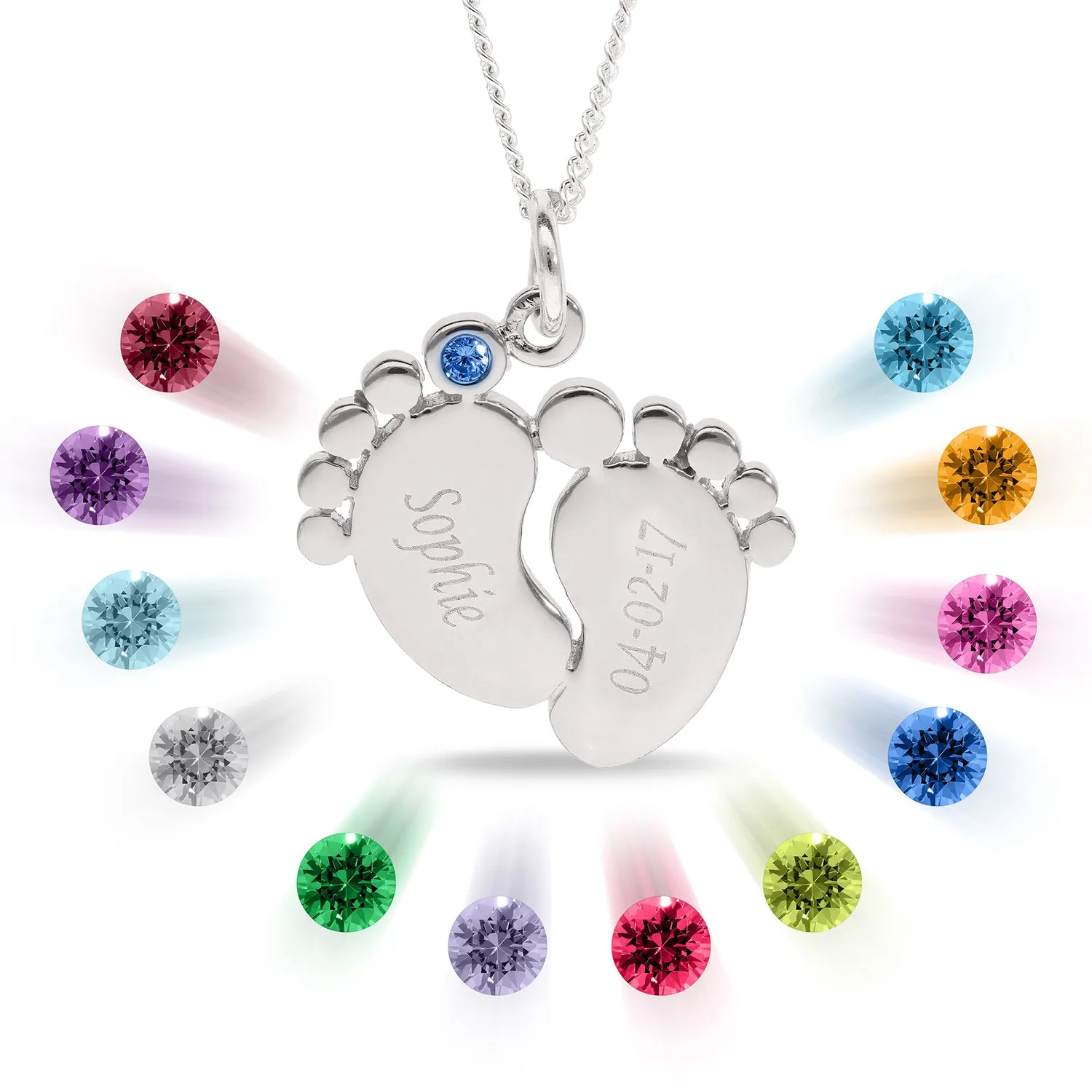 Engraved Baby Feet Bracelet with Personalised Birthstone in Silver