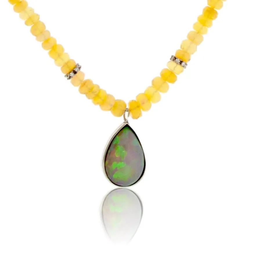 Ethiopian Opal Pendant & Bead Necklace with Diamond Accents