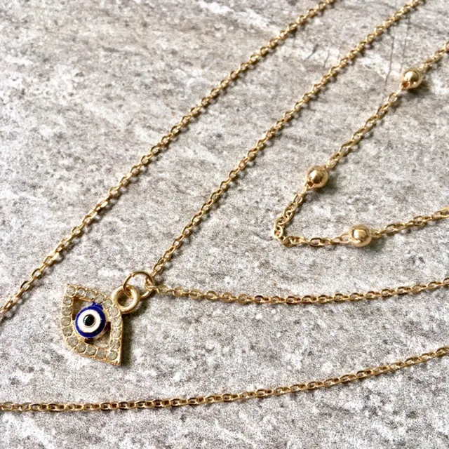 EVIL EYE OPAL STONE GOLD MULTI LAYER DAINTY CHOKER NECKLACE