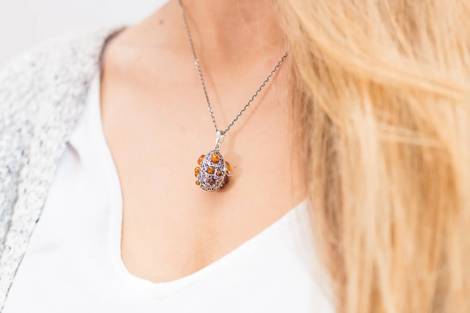 Fabergé Inspired Amber Egg Locket Necklace