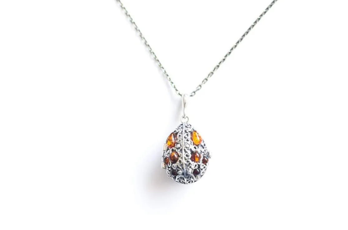 Fabergé Inspired Amber Egg Locket Necklace