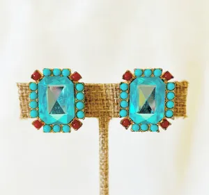 Fabulous vintage turquoise rhinestone stone earrings with turquoise