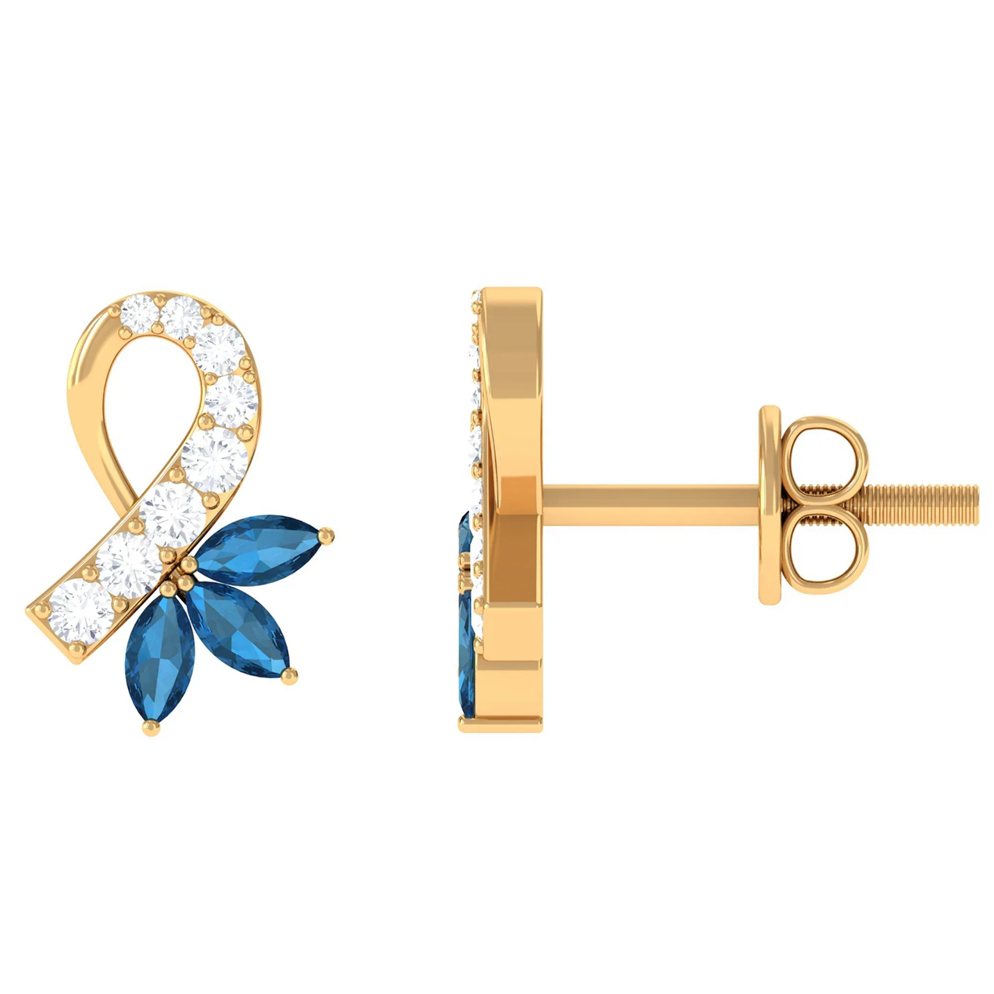 Floral Inspired London Blue Topaz and Diamond Stud Earrings