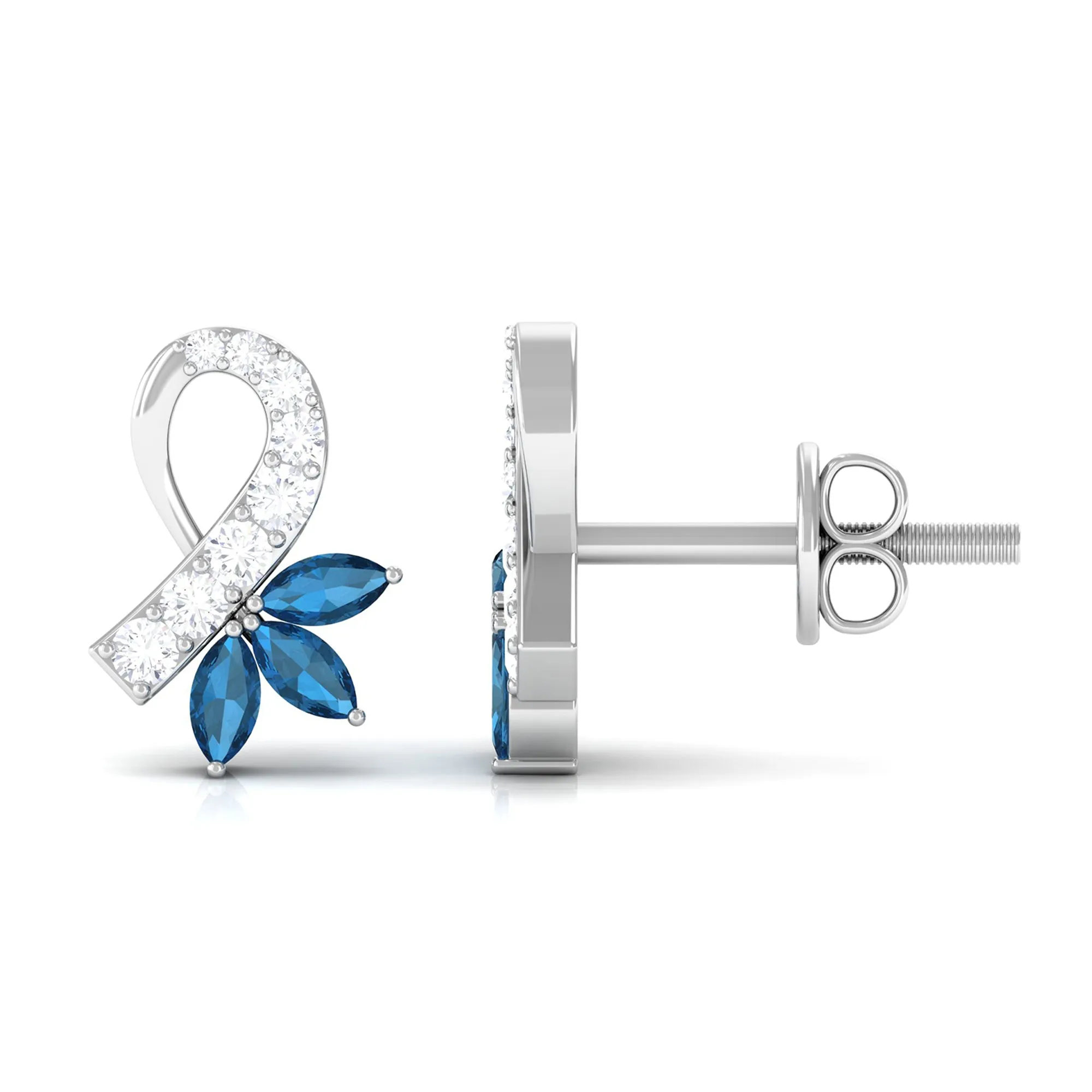 Floral Inspired London Blue Topaz and Diamond Stud Earrings