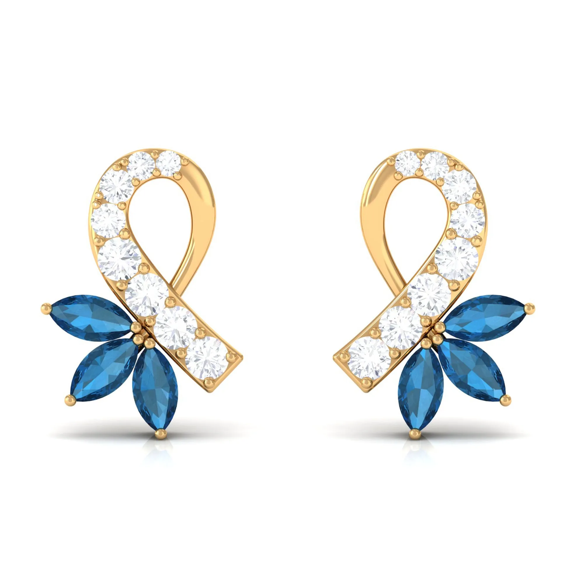 Floral Inspired London Blue Topaz and Diamond Stud Earrings