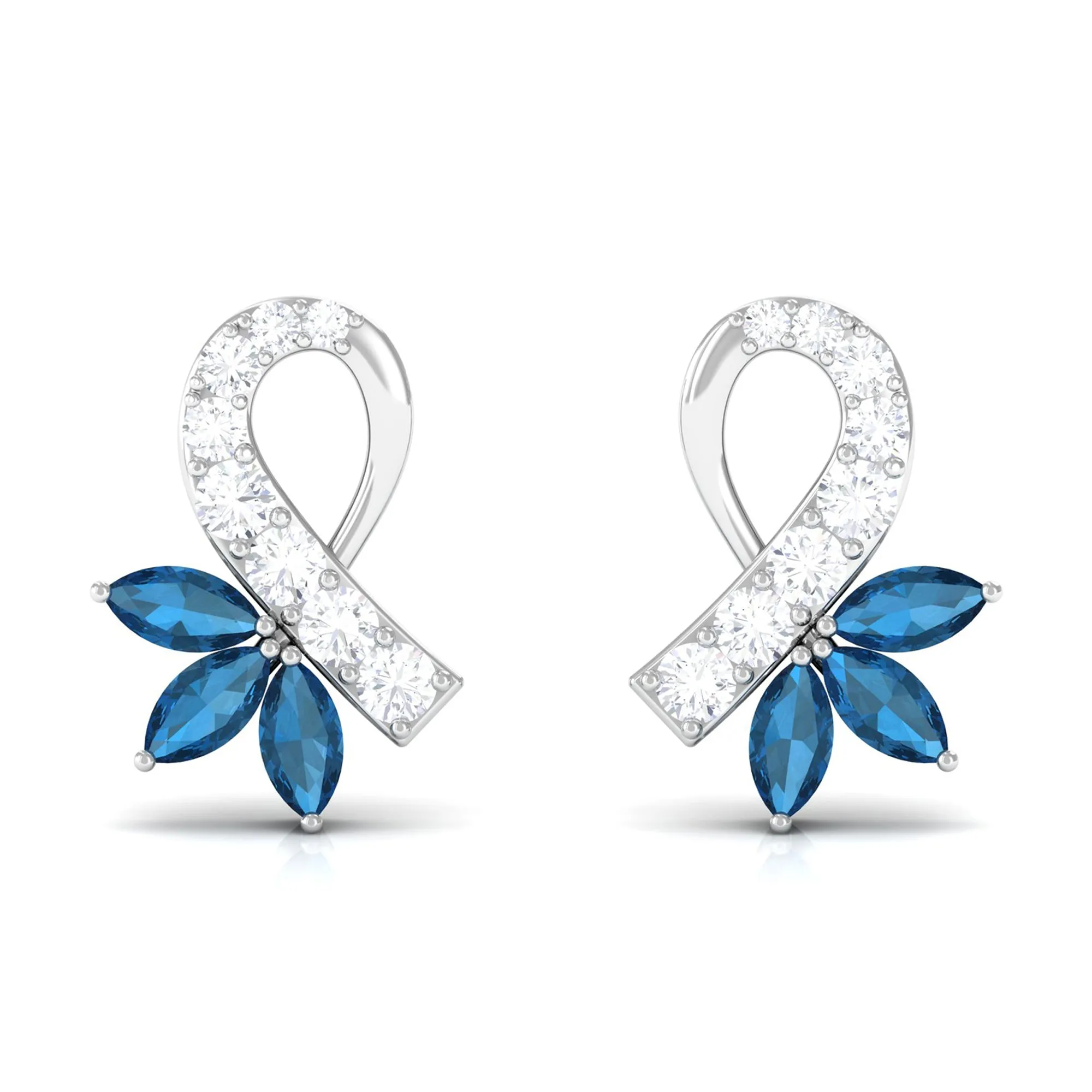 Floral Inspired London Blue Topaz and Diamond Stud Earrings