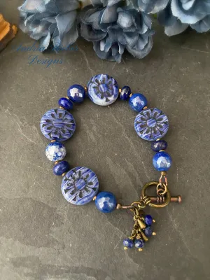 Flower Czech glass, lapis lazuli, agate stone, bronze metal, bracelet, jewelry