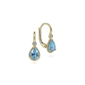 Gabriel & Co 14k Yellow Gold Blue Topaz and Diamond Drop Earrings