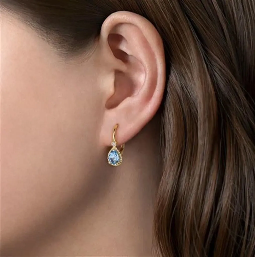 Gabriel & Co 14k Yellow Gold Blue Topaz and Diamond Drop Earrings