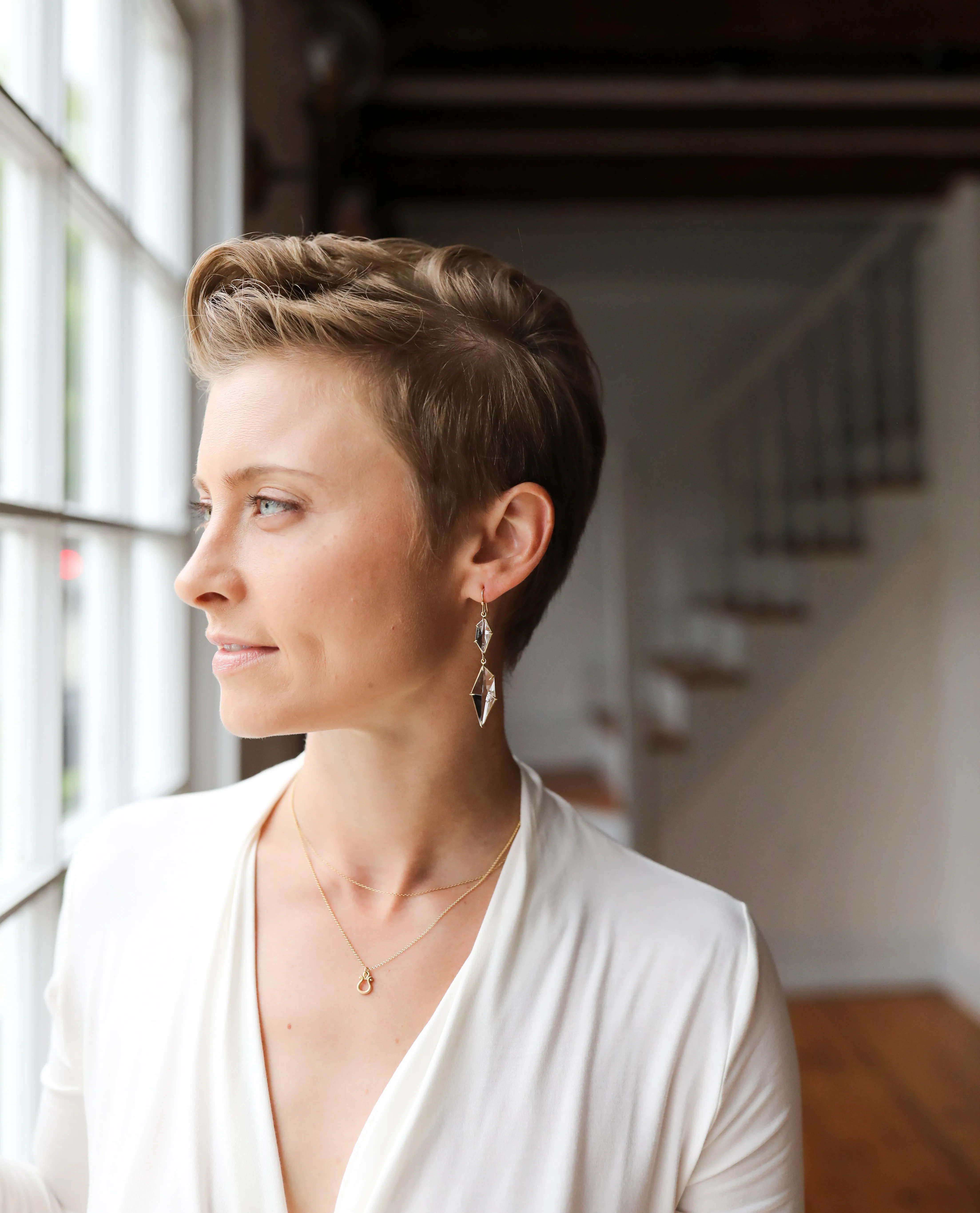 Geometric White Topaz Double Drop Earrings