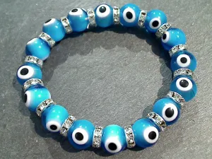 Glass Evil Eye 8MM Stretch Bracelet - Aqua