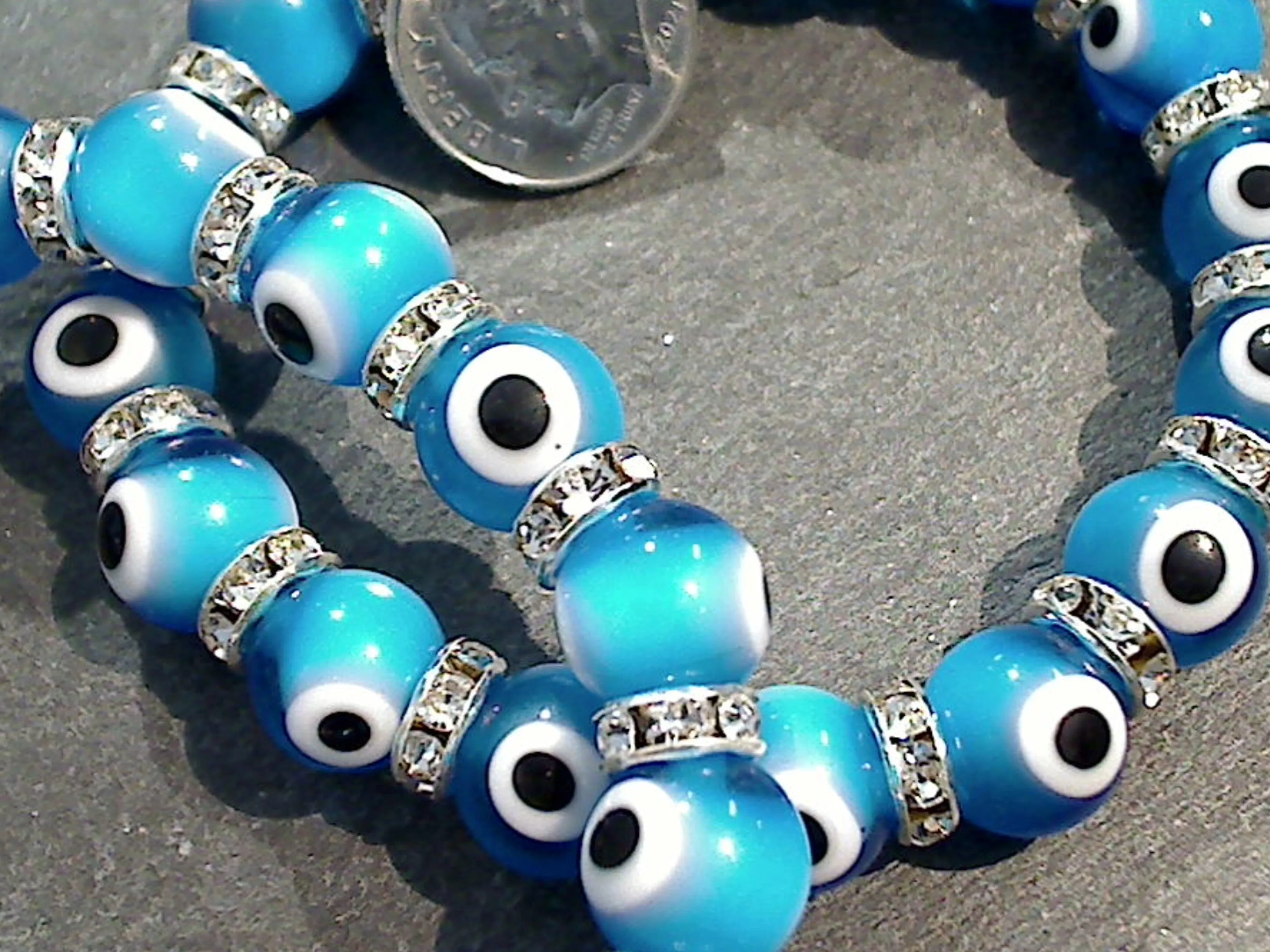 Glass Evil Eye 8MM Stretch Bracelet - Aqua