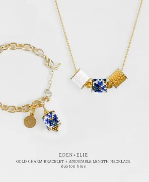 Gold Charm Bracelet   Adjustable Length Necklace Set - Duxton Blue