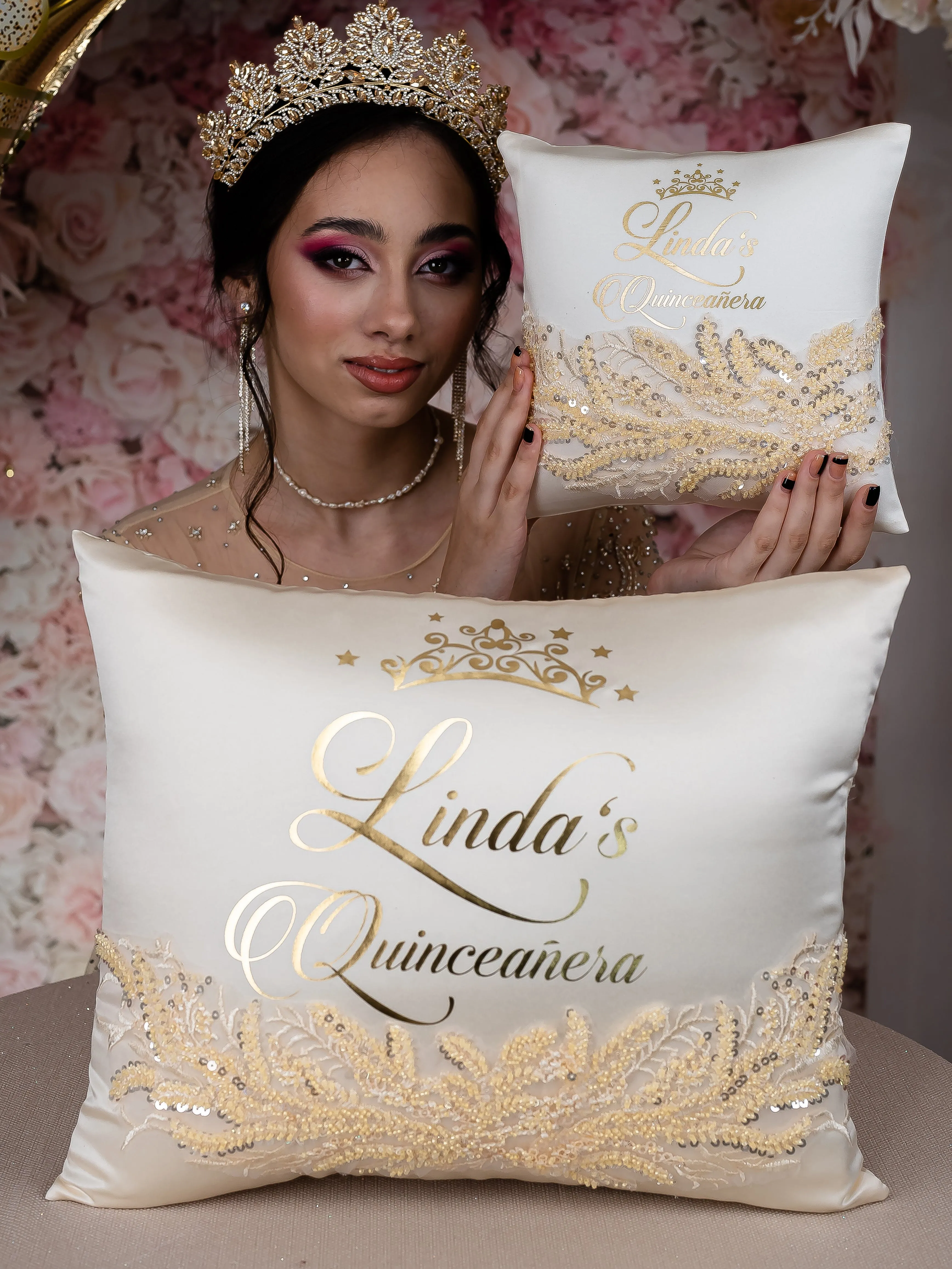 Gold quinceanera tiara pillow